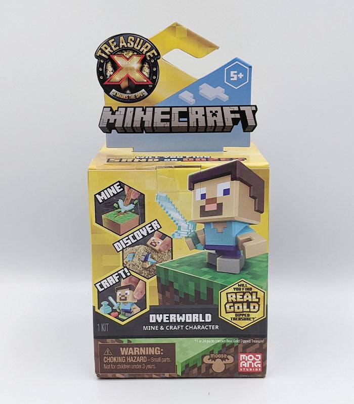 Treasure X Minecraft Overworld toy box featuring characters and adventures.