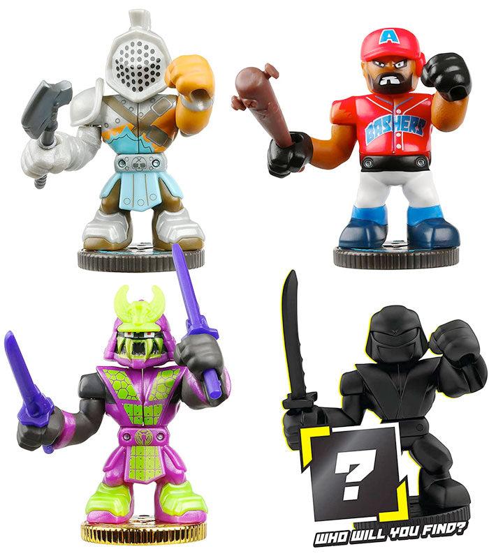 Akedo Ultimate Arcade Warrior Collectors Pack featuring Twinfang, Slam Granderson, Aximus, and a hidden figure.
