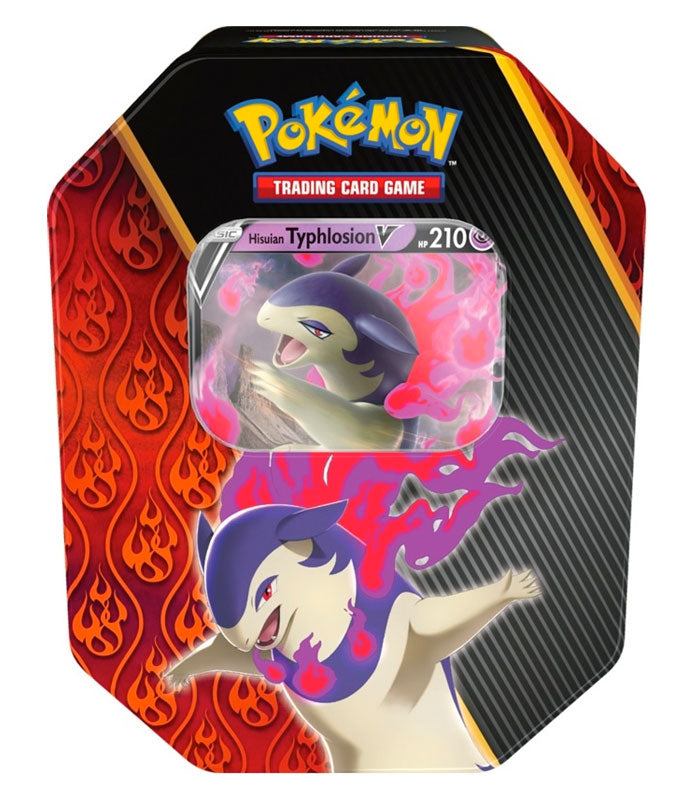 Pokemon TCG Divergent Powers Tin featuring Hisuian Typhlosion V with booster packs and promo card.
