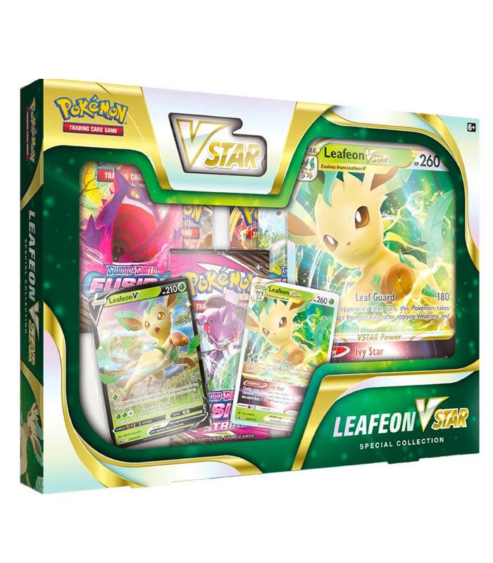 Pokemon TCG Leafeon VSTAR Special Collection box with cards and booster packs.