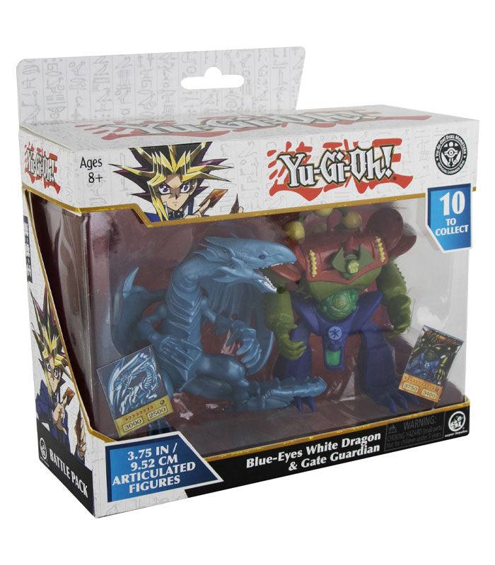 Yu-Gi-Oh! Battle Figure Pack with Blue-Eyes White Dragon & Gate Guardian, includes exclusive cards, ideal for collectors.