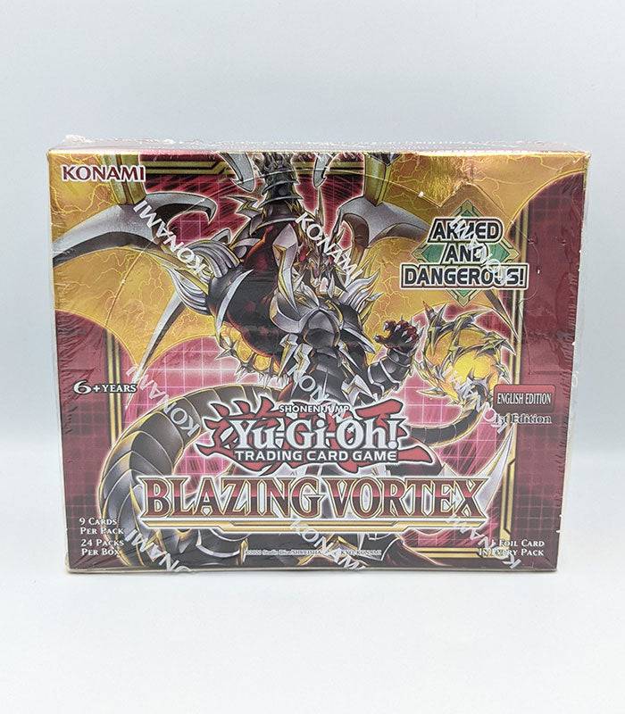 Yu-Gi-Oh! Blazing Vortex Booster Box with 24 packs featuring rare trading cards for ultimate deck building.