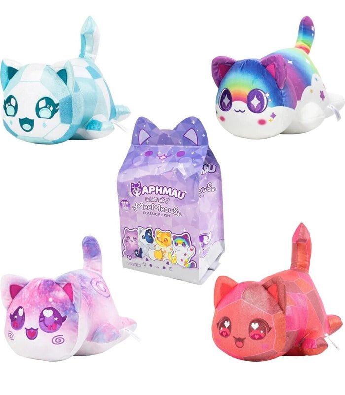 Aphmau MeeMeows Mystery 11" Plush from the Celestial Collection, featuring Rainbow Cat, Galaxy Cat, Ruby Cat, and Diamond Cat.