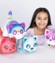 Load image into Gallery viewer, Aphmau MeeMeows Mystery 11&quot; Plush Celestial Collection featuring Rainbow Cat, Galaxy Cat, Ruby Cat, and Diamond Cat with a smiling child.
