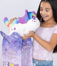 Load image into Gallery viewer, Young girl holding Aphmau MeeMeows Mystery 11&quot; Plush from Celestial Collection, Rainbow Cat version.
