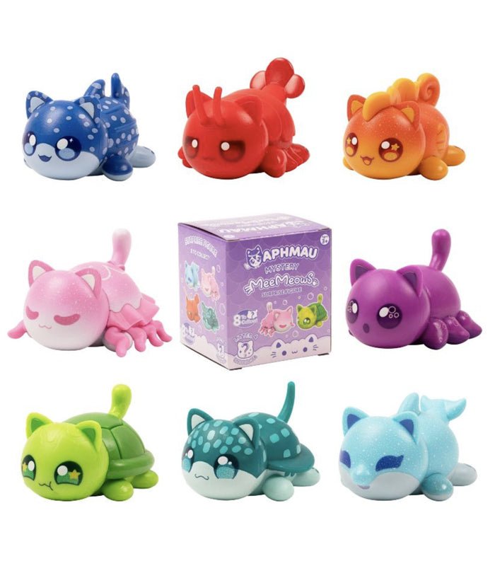 Aphmau Mystery MeeMeows Surprise Figure Litter 4 with 8 aquatic-themed characters including Turtle Cat, Octopus Cat, and Shark Cat.