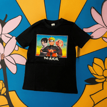 Load image into Gallery viewer, Naruto Shippuden Trio T-Shirt XLarge featuring Naruto, Sasuke, and Sakura with vibrant design on black fabric.
