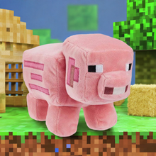 Load image into Gallery viewer, Minecraft 8-inch pig plush with pixelated details, set in a pixelated landscape.
