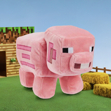 Load image into Gallery viewer, Minecraft 8&quot; Pig Plush with pixelated design in a grassy blocky Minecraft setting.
