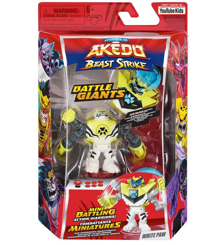 Akedo Beast Strike Battle Giants - White Paw in packaging with vibrant design and Double Strike Armor.