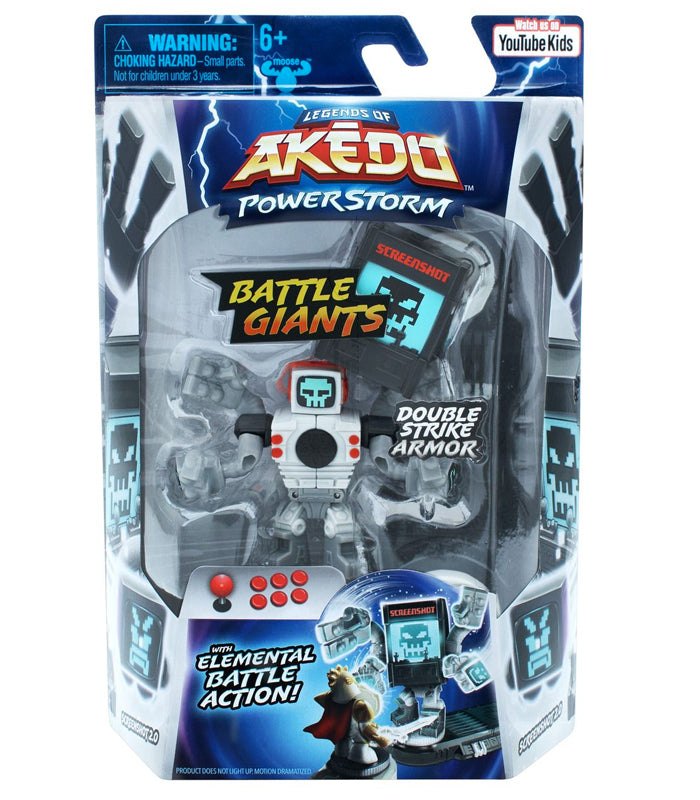Legends of Akedo Power Storm Battle Giants Screenshot 2 action figure in packaging displays tech-inspired design and double strike armor.