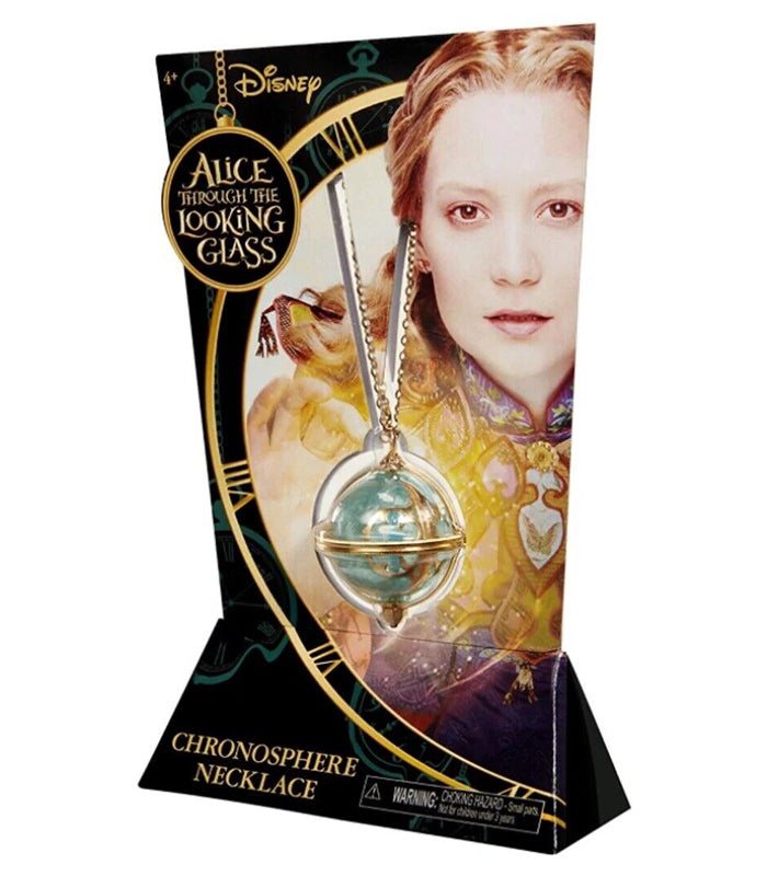Alice Through The Looking Glass Chronosphere Necklace packaging with detailed design and Disney branding.