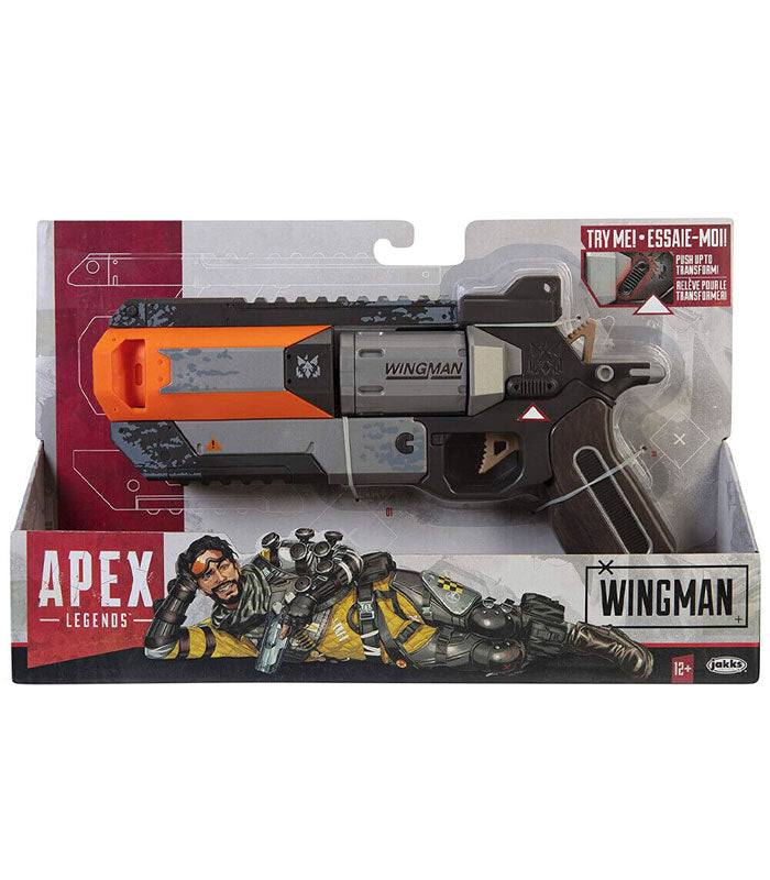 Apex Legends Wingman Pistol replica with transforming barrel and cylinder in packaging.