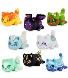 Aphmau Elemental MeeMeows 6-inch plush collection featuring colorful elemental-themed cats including fire, dark, earth, ice, air, water, light, and lightning designs.