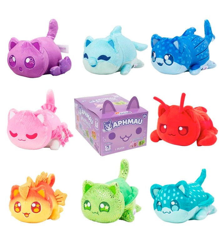 Aphmau MeeMeows Mystery Plush Under The Sea Litter 5 collection with colorful aquatic-themed plush toys and packaging.