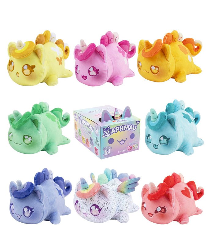 Aphmau MeeMeows Mystery 6" Plush Unicorn blind box collection with colorful unicorn-themed cat plushies.