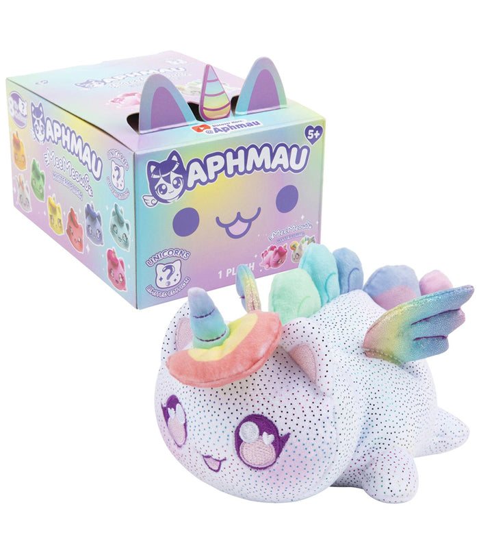 Aphmau MeeMeows Mystery 6" Plush Unicorn collectible toy in blind box packaging.