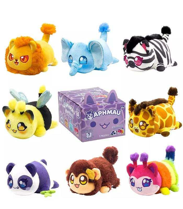 Aphmau MeeMeows Mystery 6 inch Plush Safari, featuring safari-themed plushies like Lion Cat, Elephant Cat, and more, next to a collectible box.