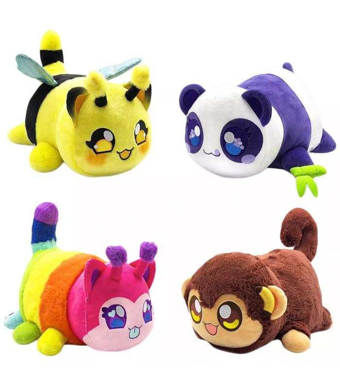 Aphmau MeeMeows Mystery 11 Inch Safari Plush collection, featuring Bee, Panda, Monkey, and colorful Caterpillar designs.