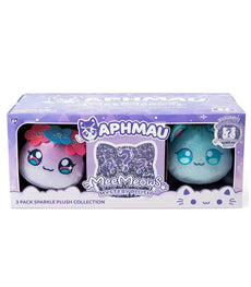 Aphmau Mee Meows 3 Pack Sparkle Plush Collection featuring Sparkle Fairy Cat, Sparkle Mermaid Cat, and a mystery plush in a decorative box.