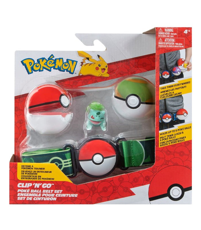 Pokemon Clip 'N' Go - Bulbasaur Belt Set with toy and Pokeballs in packaging.
