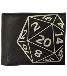 Dungeons and Dragons black faux leather wallet with silver D20 die graphic.