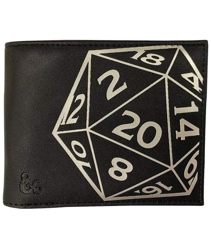 Dungeons and Dragons black faux leather wallet with silver D20 die graphic.