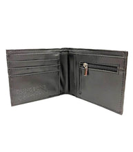 Load image into Gallery viewer, Dungeons and Dragons black faux leather wallet with silver D20 die graphic, bi-fold design, and card slots.
