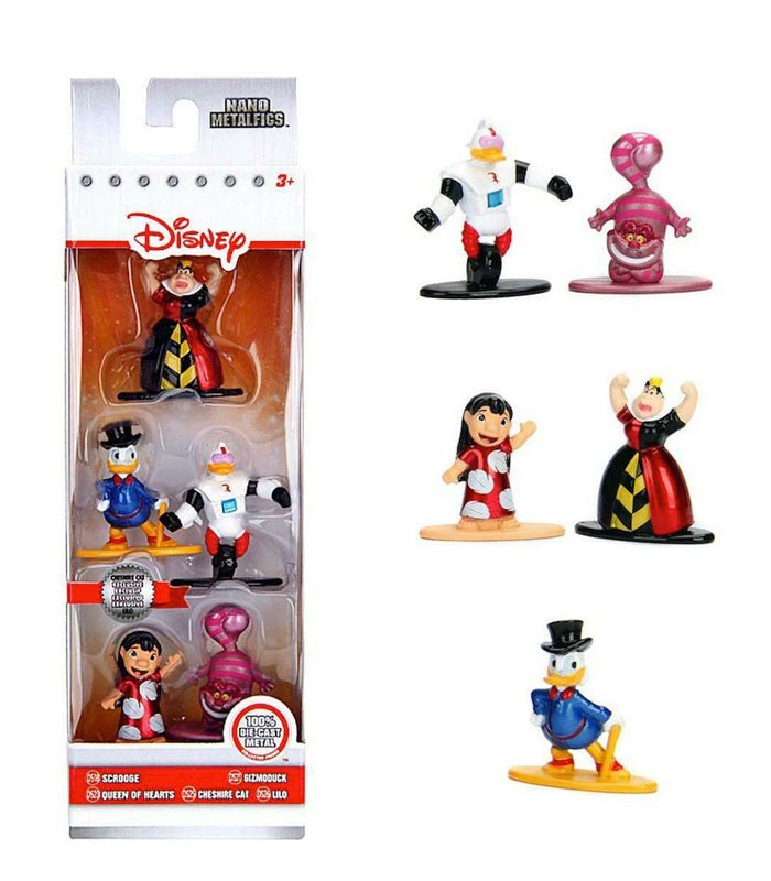 Disney Nano Metalfigs Set featuring die-cast metal figurines of Scrooge McDuck, Gizmoduck, Queen of Hearts, and others, perfect for display and collectors.