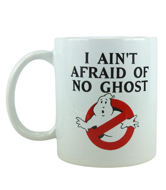 Ghostbusters ceramic mug with "I Ain't Afraid Of No Ghosts" slogan, iconic design.
