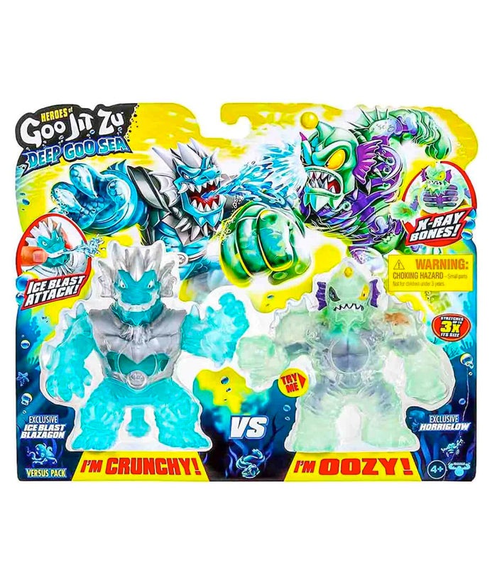 Heroes of Goo Jit Zu Deep Goo Sea pack featuring Ice Blast Blazagon and Horriglow action figures, stretchable and squishable toys for imaginative play.