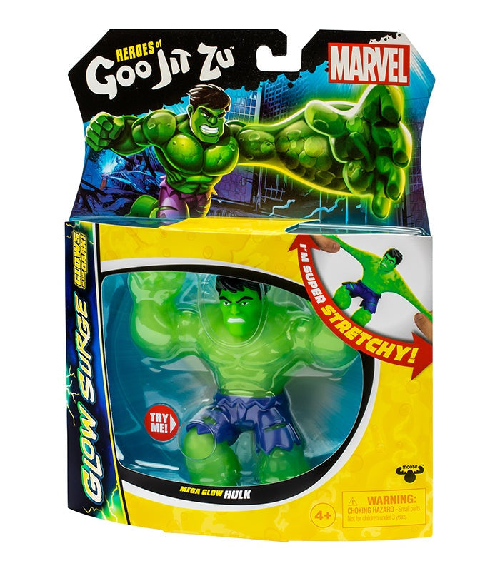 Goo Jit Zu Mega Glow Hulk action figure in packaging, featuring glow-in-the-dark and stretchy features.