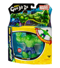 Load image into Gallery viewer, Goo Jit Zu Mega Glow Hulk action figure in packaging, featuring glow-in-the-dark and stretchy features.
