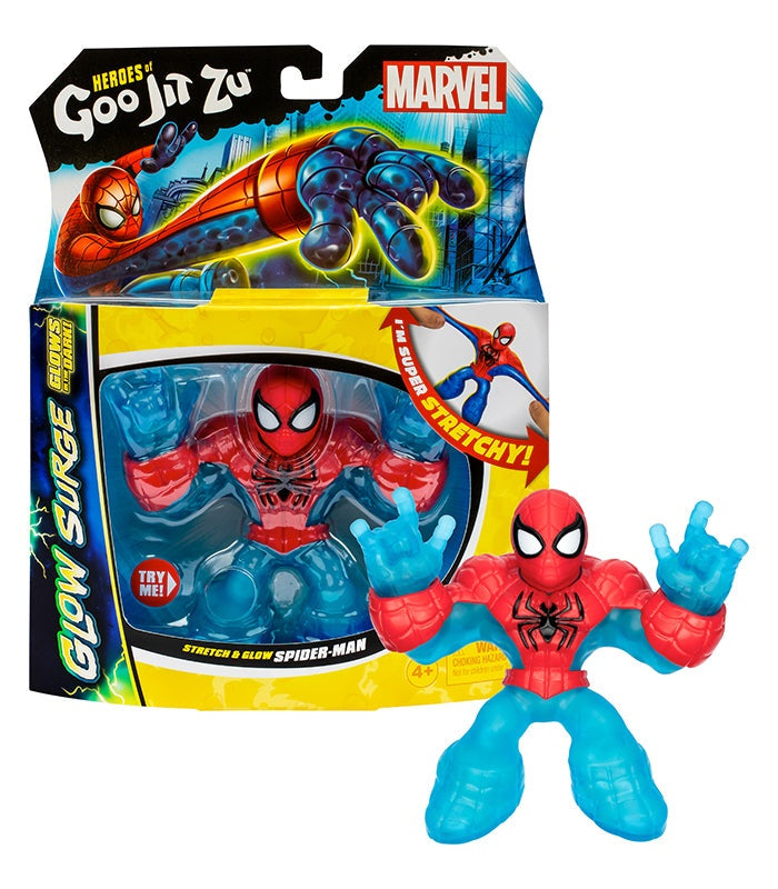 Goo Jit Zu Glow Surge Stretch And Glow Spider-Man toy in packaging, featuring glow-in-the-dark and stretchy superhero action.