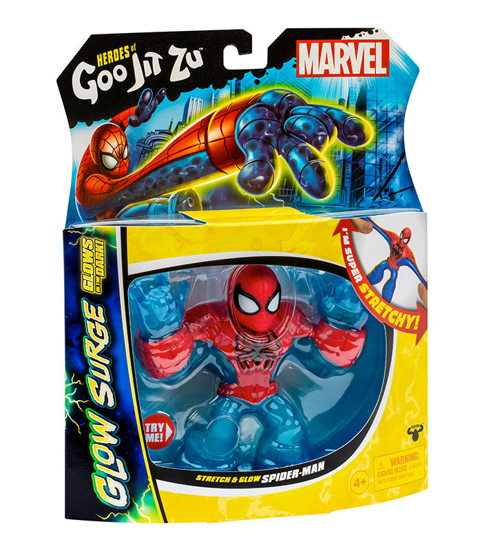 Goo Jit Zu Glow Surge Stretch And Glow Spider-Man figure in packaging, features stretchy and glow-in-the-dark abilities.
