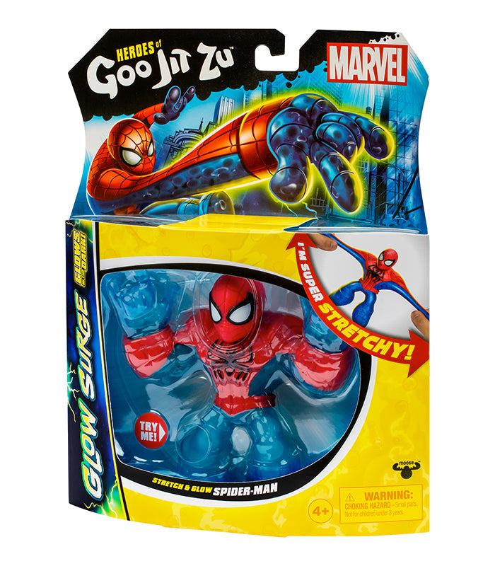 Goo Jit Zu Glow Surge Stretch And Glow Spider-Man in packaging, featuring a glow-in-the-dark stretchy superhero toy.