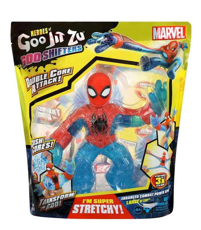 Heroes of Goo Jit Zu Supagoo Spider-Man figure with enhanced combat power, features super stretchy material and double core attack.