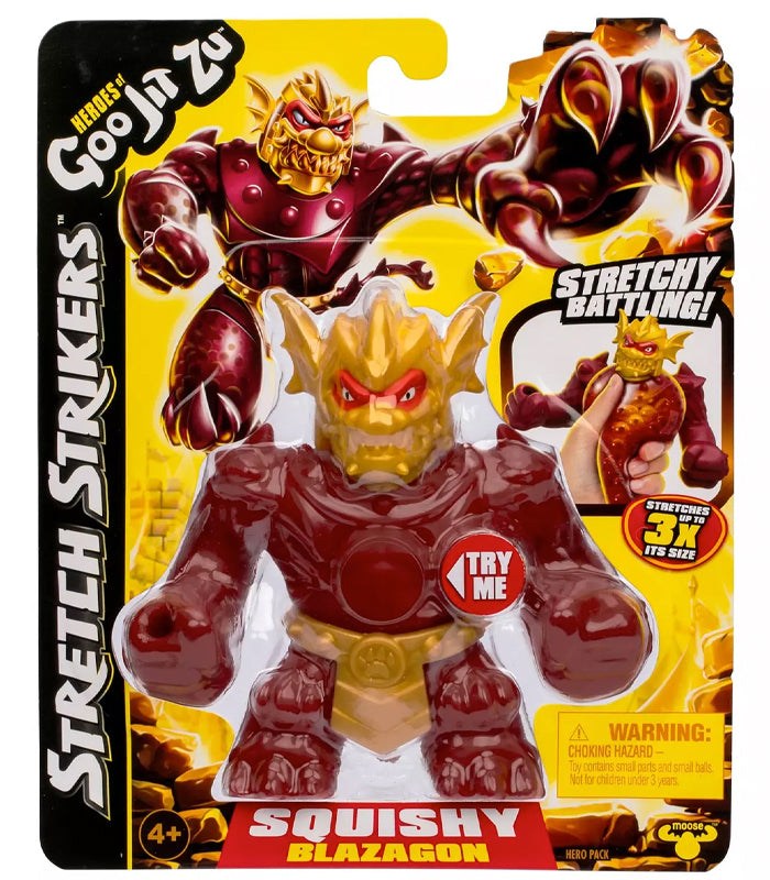 Heroes of Goo Jit Zu Stretch Strikers - Blazagon action figure in packaging displaying stretchy and gooey features.