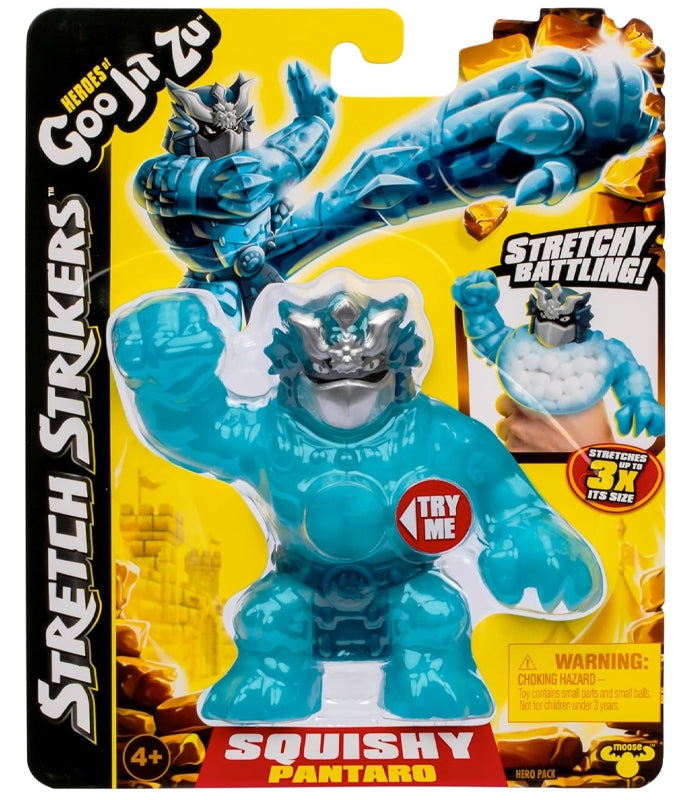 Heroes of Goo Jit Zu Stretch Strikers Pantaro toy in packaging with stretchy and squishy features highlighted.