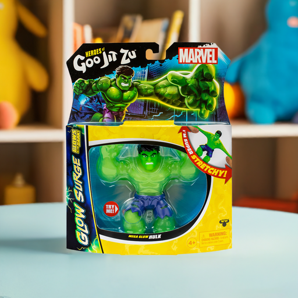 Goo Jit Zu Mega Glow Hulk action figure in packaging, glow-in-the-dark, stretchable, durable.