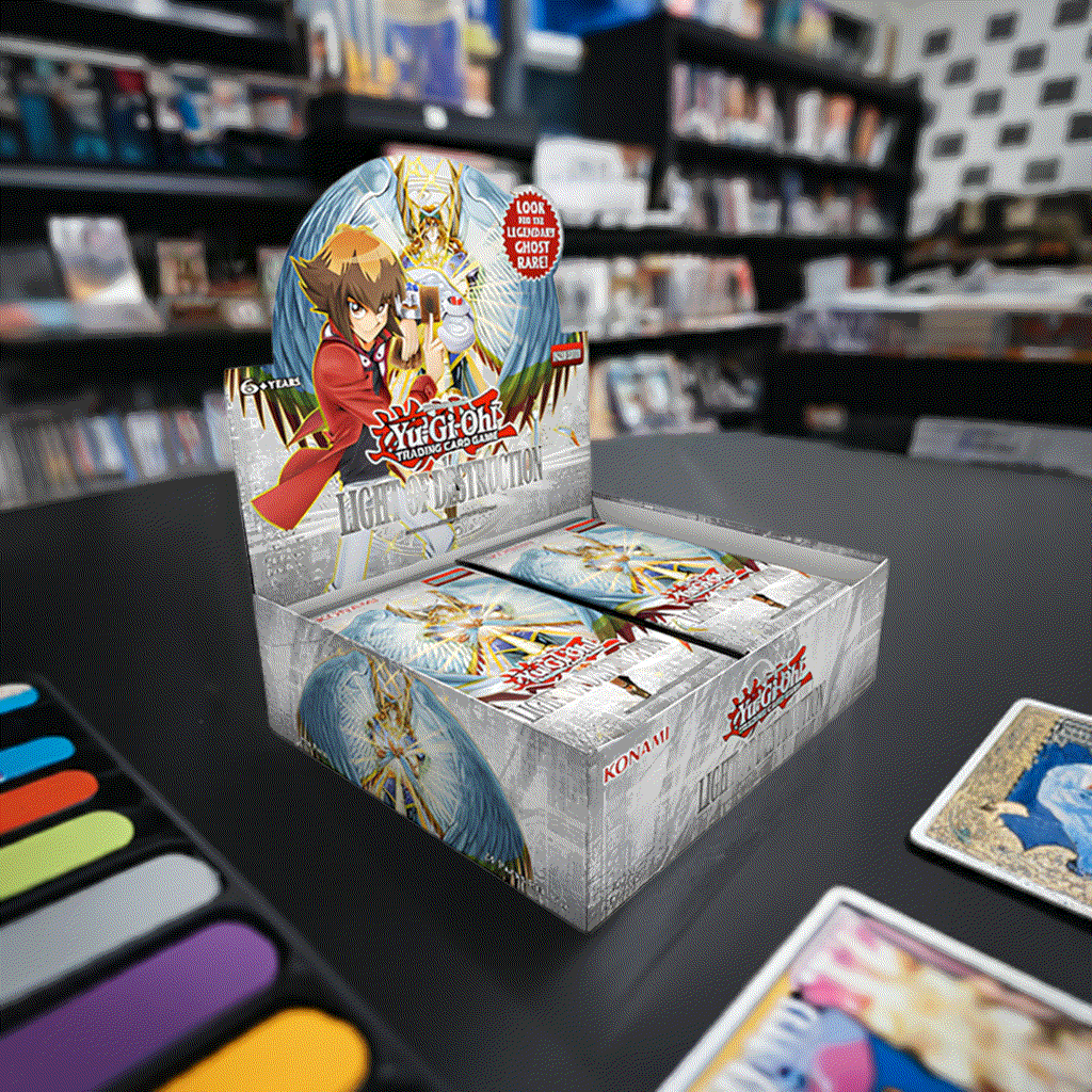 Yu-Gi-Oh! Light Of Destruction Booster Reprint Unlimited Edition Booster Box displayed in a store.