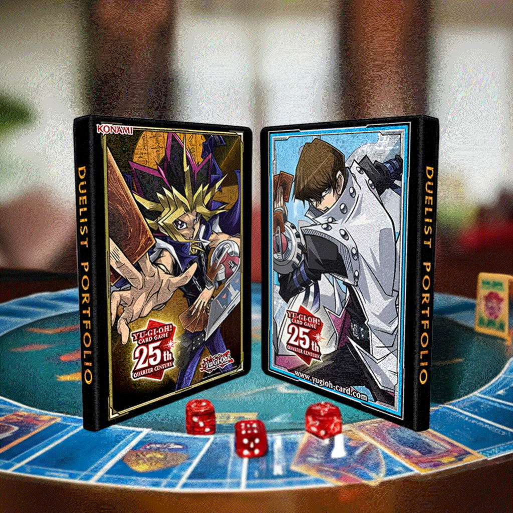 Yu-Gi-Oh! Yugi & Kaiba Quarter Century Duelist Portfolio on a game table with dice.
