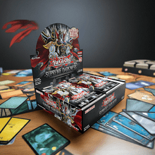 Load image into Gallery viewer, Yu-Gi-Oh Supreme Darkness Booster Box with cards on a table.
