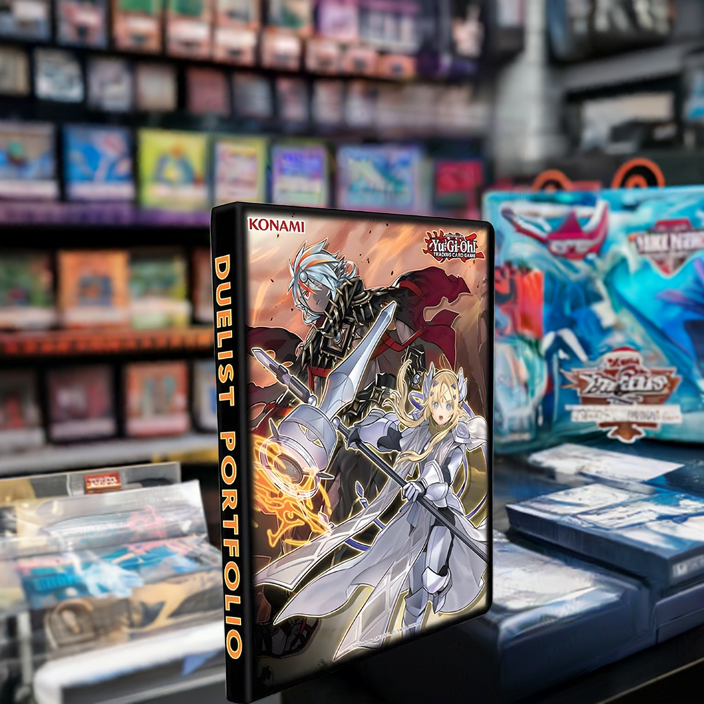 Yu-Gi-Oh! Albaz Ecclesia Tri-Brigade 9-Pocket Duelist Portfolio in a store setting displaying vibrant artwork and card storage capacity.