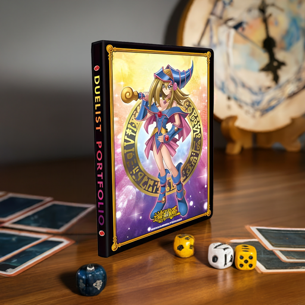 Dark Magician Girl 9-Pocket Duelist Portfolio with cards and dice.