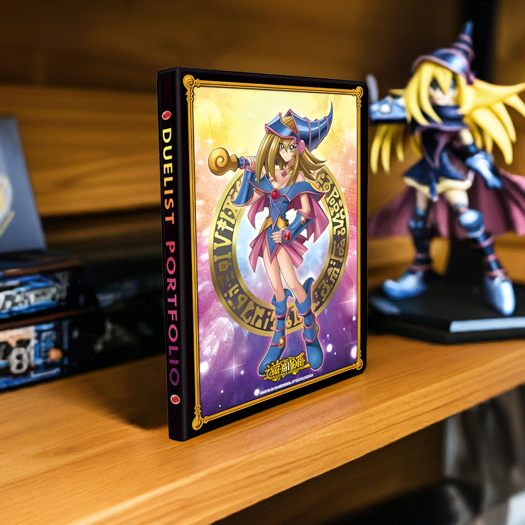 Yu-Gi-Oh! Dark Magician Girl 9-Pocket Duelist Portfolio with artwork on shelf.