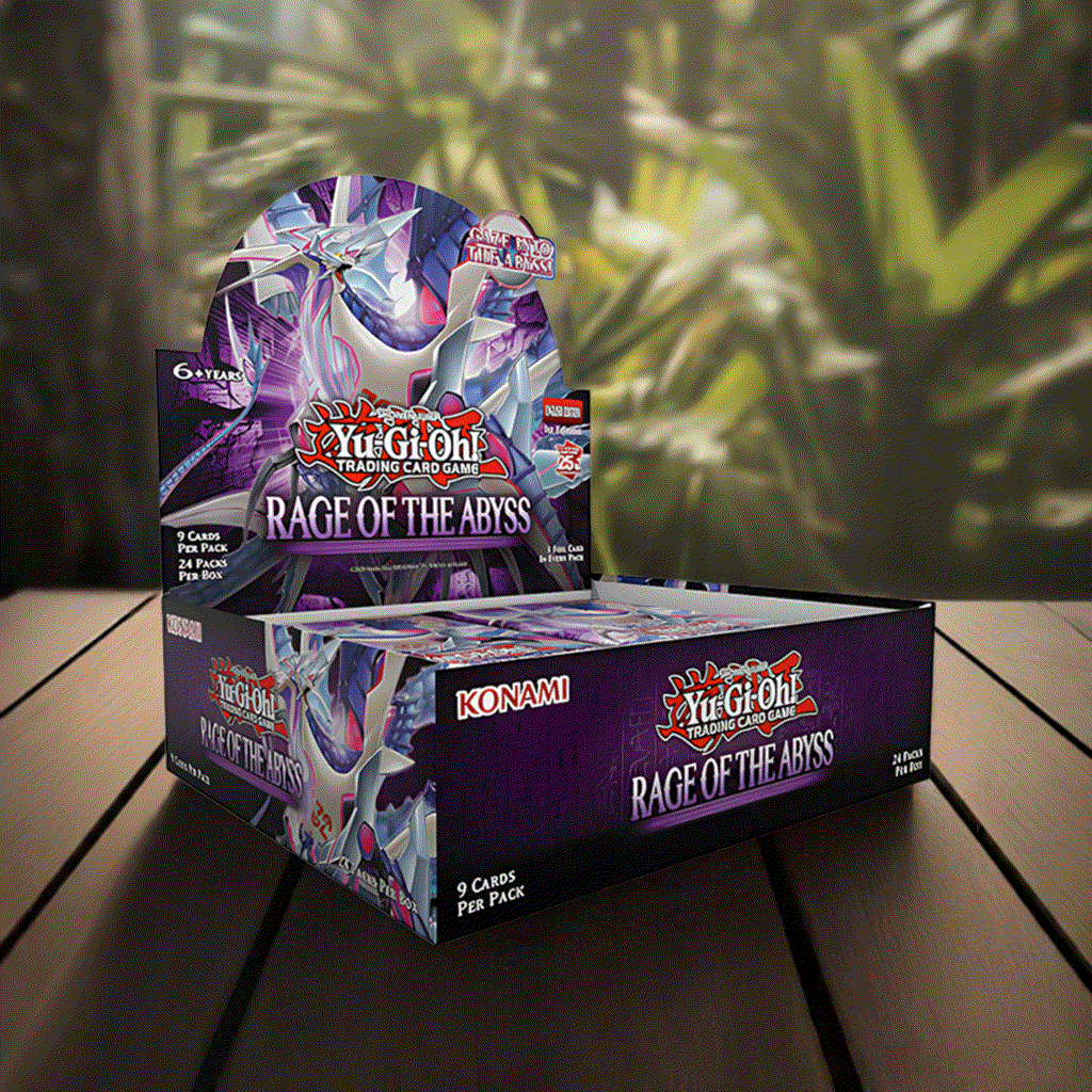 Yu-Gi-Oh! Rage of the Abyss Booster Box featuring cards and packaging.