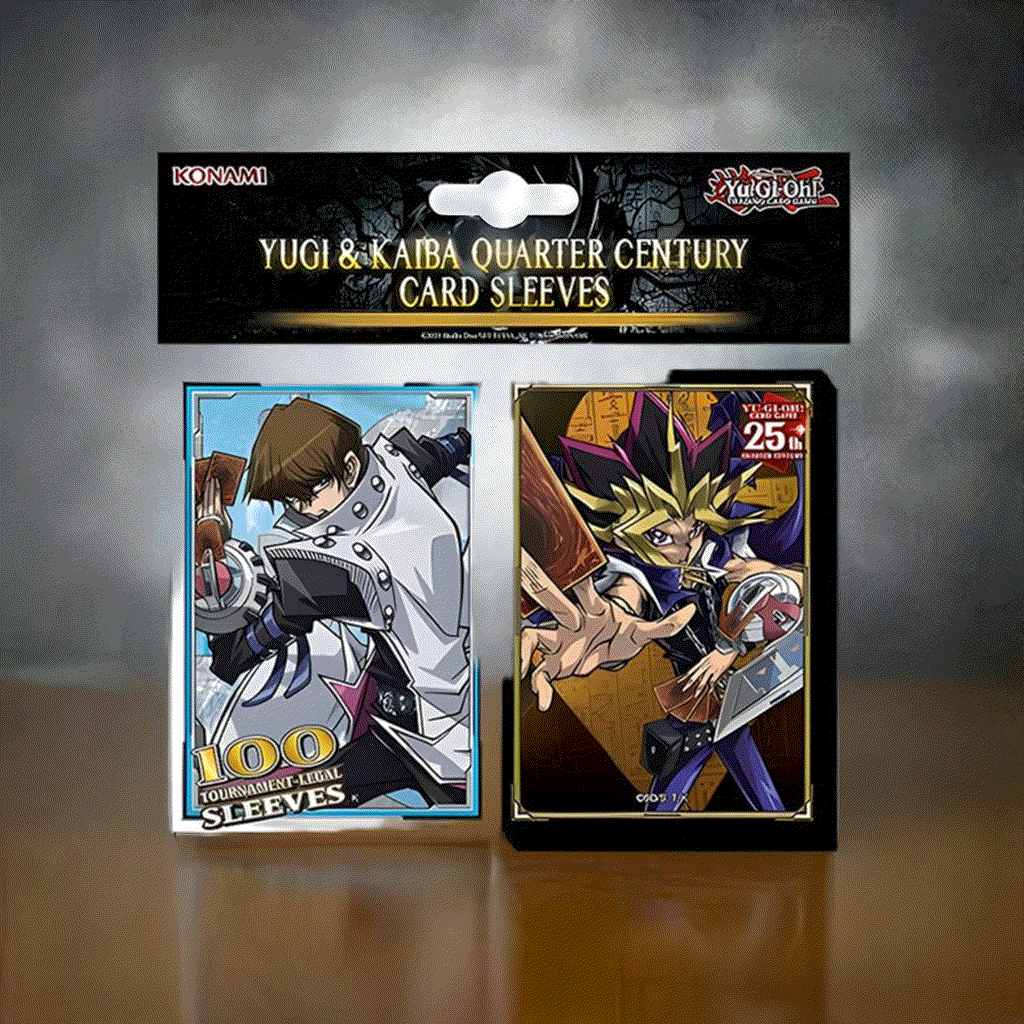 Yugi & Kaiba Sleeves 100 pack featuring iconic artwork celebrating 25 years of Yu-Gi-Oh! with durable card protection.