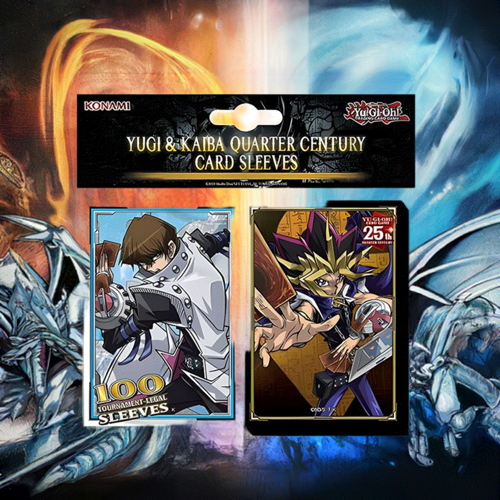 Yu-Gi-Oh! Yugi & Kaiba Quarter Century Sleeves 100 Pack featuring iconic artwork of legendary duelists Yugi and Kaiba.