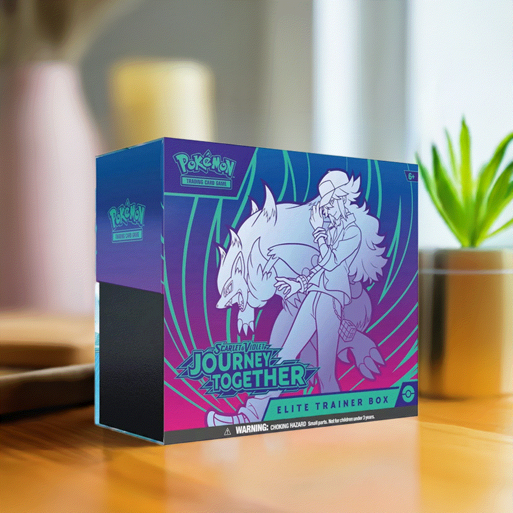 Pokemon TCG Journey Together Elite Trainer Box with vibrant packaging on a table.